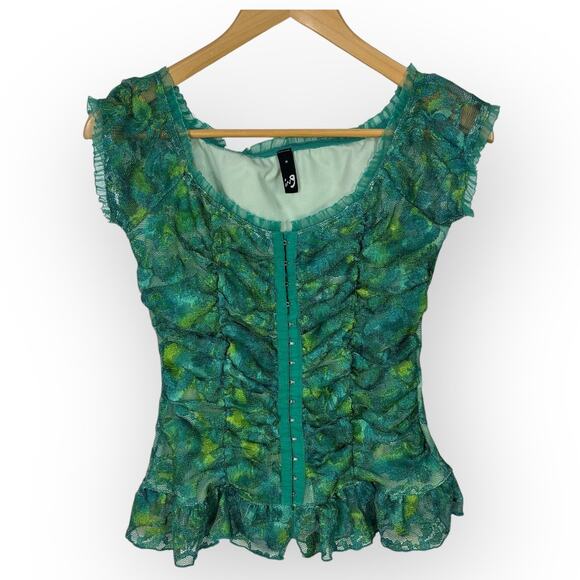 Vintage y2k Whimsigoth Fairygrunge Corset Top Medium Green Lace Fairy Coquette - Picture 2 of 13